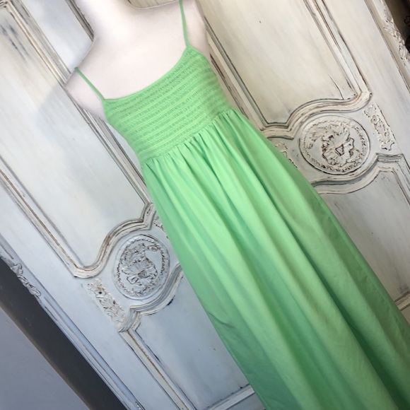 ZARA Empire Smocked Bodice Spaghetti Strap Lime Sherbet Green Maxi Dress Size M - Picture 2 of 10